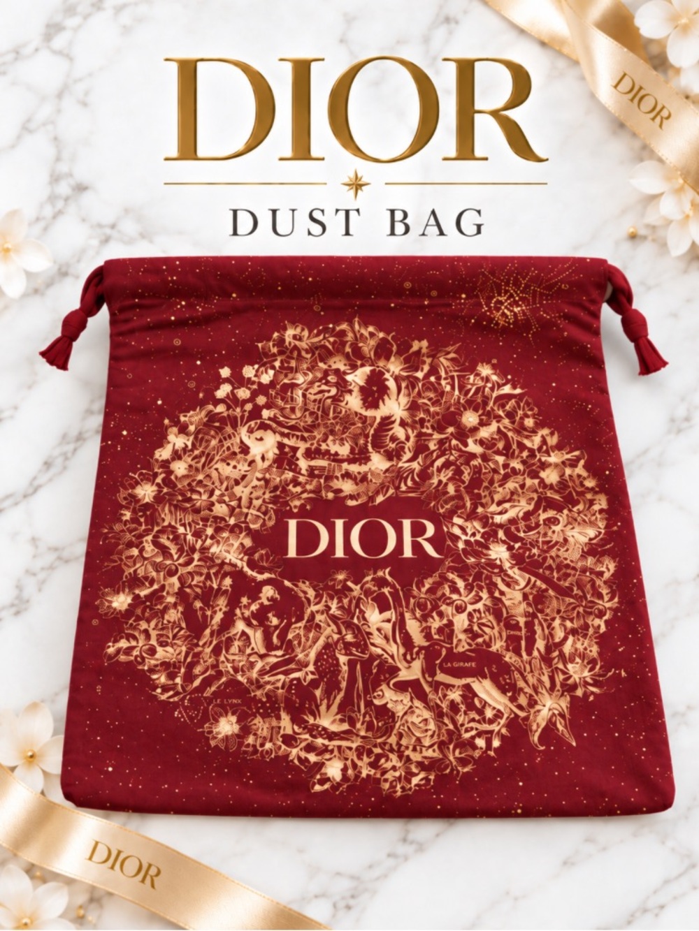 Dior Red Drawstring Dust Bag with Gold Constellation Print LIMITED EDITION NIP - Picture 3 of 4